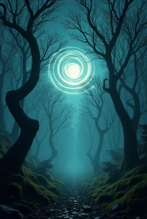 "A forest at night with trees bending in unnatural ways, glowing in eerie colors. In the distance, a massive, swirling vortex in the sky appears, drawing everything towards it."