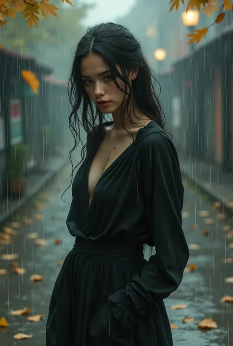 Beautiful woman, sad, rainy, falling leaves on the street