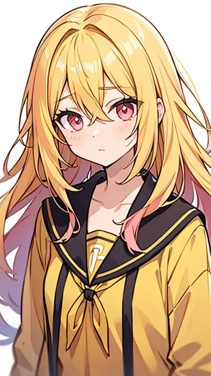 ((Woman with long yellow hair and pink eyes)),((Im wearing yellow clothes like a college student)),bangs,Hair between eyes