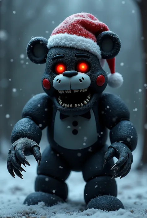 An Nightmare a animatronic from the game fnaf but with christmas hat and snow, he is an black bear