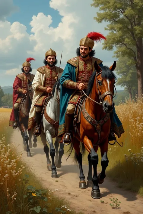 ((best quality)), ((masterpiece)), (detailed), perfect Ukrainian Cossacks in fancy clothes of 16 century  smiling while going through village in ukraine painting style