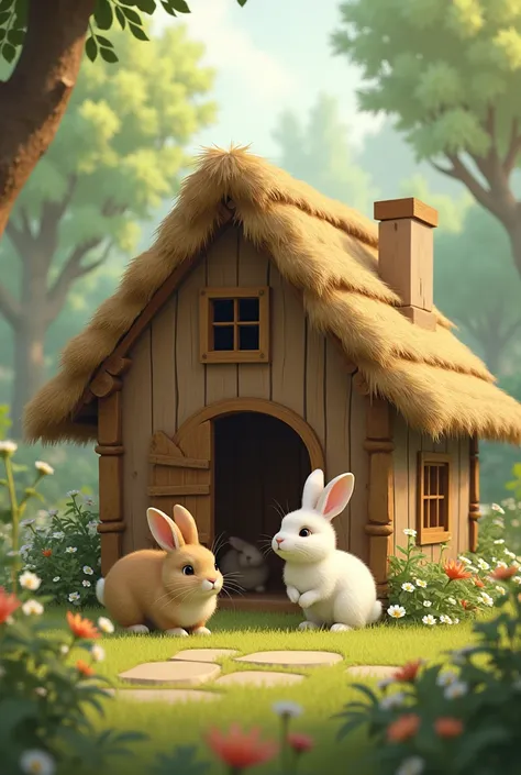 Small wooden house rabbit family living happily 