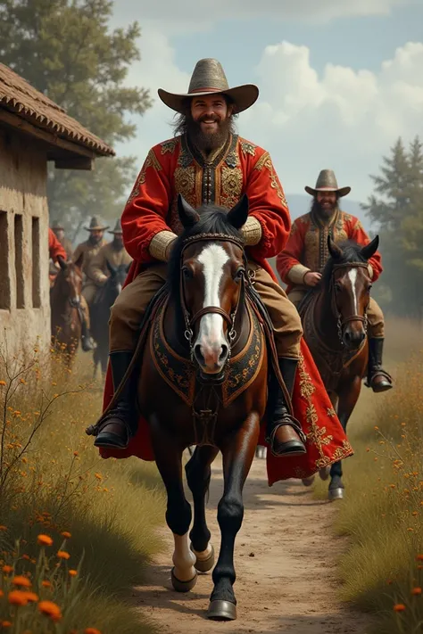 ((best quality)), ((masterpiece)), (detailed), perfect Ukrainian Cossacks in fancy clothes of 16 century  smiling widely while going through village in ukraine painting style