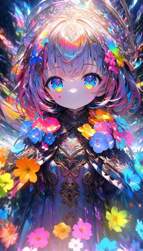 absurdres, highres, ultra detailed, HDR, masterpiece, extremely detailed face and eyes, beautiful e , colorful  hair , , solo, , cute, beautiful, , , beautiful scene,  glowing glitters, colorful flowers, symetrical