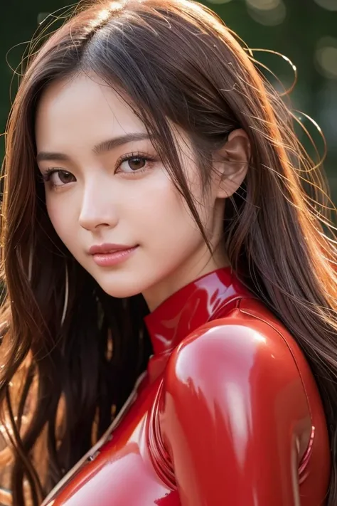  Wear a red latex suit　  beautiful Japanese woman  　Big Breasts　Source Milk　Crisp sound、Red latex bodysuit、 knee-high boots、face-closeup、
Huge 、  LONG BROWN HAIR、Sparkling,  oily skin 、 Glowing Skin、 white skin、Flying debris,  best quality, Realistic,  Ver...