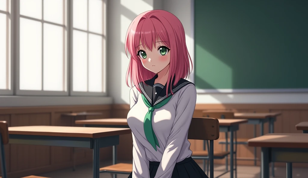 cute anime girl, black and white school uniform, green neck tie, sitting in classroom, pink hair