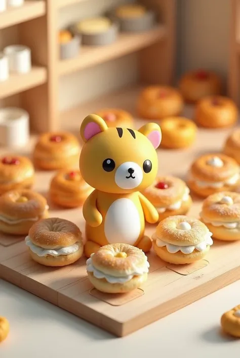 (masterpiece:1.2,  best quality,  ultra high resolution, super detailed),8k,( wallpaper),(Miniature bakery model ),(The bakery has 々 A square array of pans featuring a small calico cat character with a calm expression in the style of Rilakkuma.,Bakery Shop...