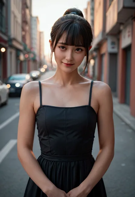 score 9, score 8_up, score 7_up, score real, beautiful face woman, Accurate limb expression、　Smiling gently、((brown short hair, ponytail, blunt bangs)), amazing hourglass figure, ((futuristic black dress)), perfect figure, city at night, (standing with　Arm...