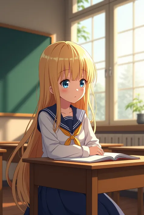 Anime style.  blonde girl with long hair and blue eyes is sitting at her desk in the classroom listening to the teacher. thinking about the upcoming new year 