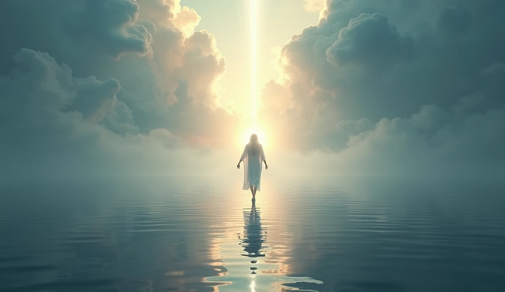  The Lord walking on calm waters, with reflections of heavenly light .
