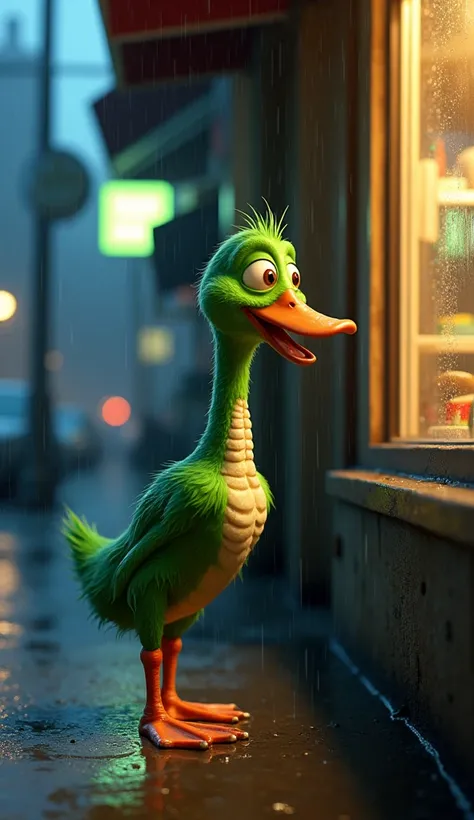 Make a skinny green duck with rib bones menjol looking at food from behind the window of a food store pixar style 3d realistic rain and dark state on the side of a city street 