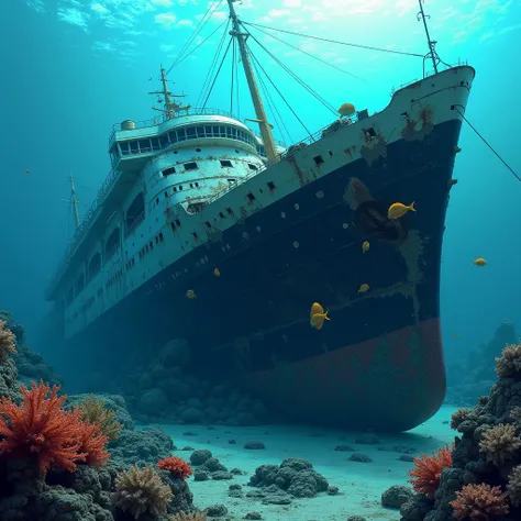 Ultra-high resolution fantasy art, 
A beautiful coral reef has formed on the remains of a decaying destroyed in places passenger ship that sank into the deep sea, and beautiful tropical fish swim around it. The remains of the passenger ship are completely ...