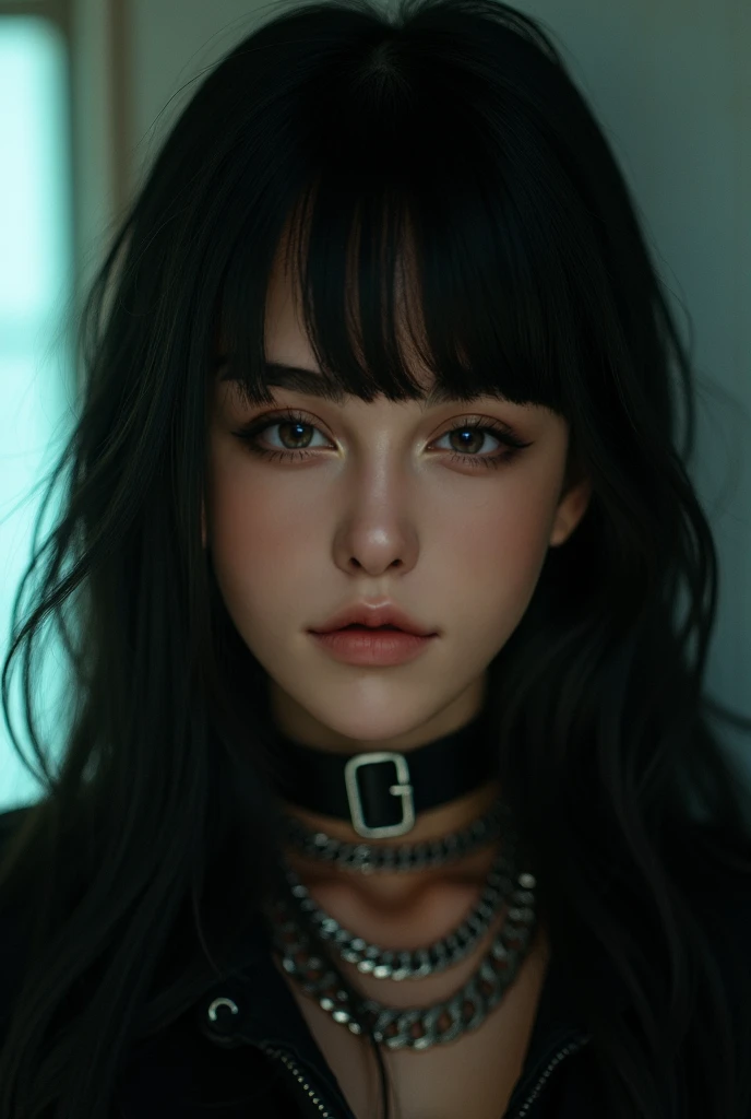 woman with long straight black hair with bangs covering one eye, pop punk clothes, smile face, beautiful detailed eyes, beautiful detailed lips, extremely detailed eyes and face, long eyelashes, intricate details, high quality, detailed portrait, cinematic...