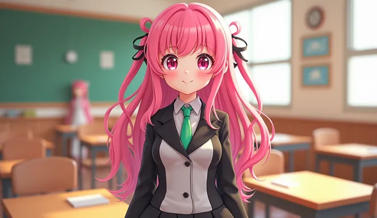 cute anime girl, black school uniform center of a shirt is white and side of shirt is black, green neck tie, sitting in classroom, bright pink hair