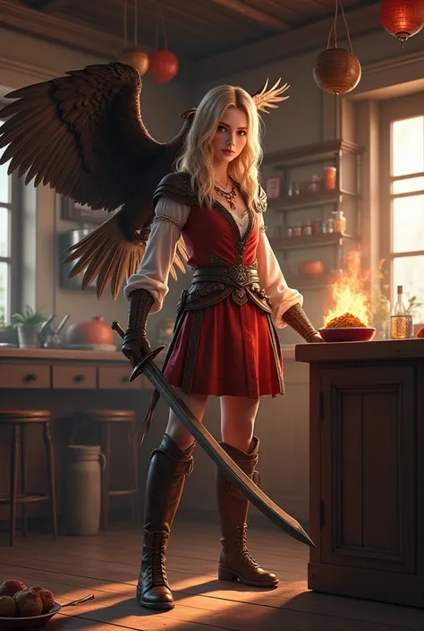 Beautiful red-eyed girl  wearing war style booth shoes wearing big sword big sword body photo big eagle  on the shoulder  bird red eye posing  doing cooking full body photo baground kitchen hdr 75k high-quality realistic clear real"