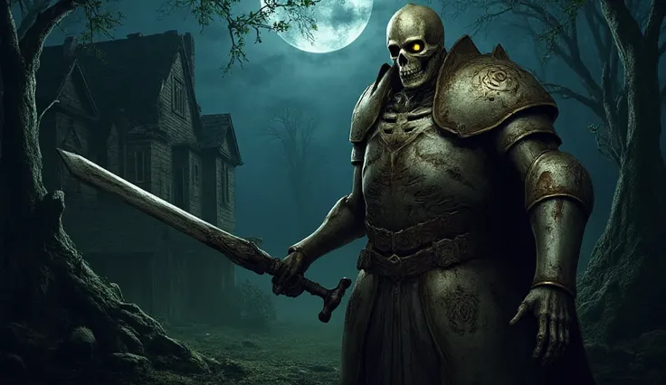 armored skeleton, holding rustic sword, standing in, in a scary fantasy forest at night, a scary old house in the background, facing camera