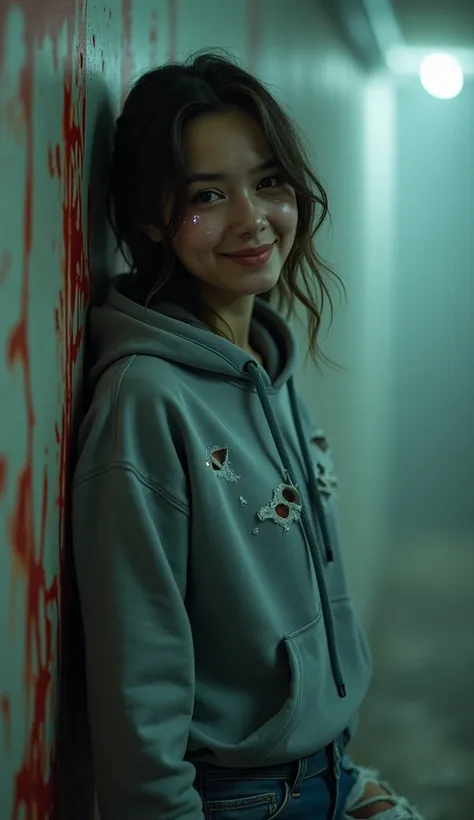 A college-aged woman in a torn gray hoodie and ripped jeans, leaning against a blood-smeared wall. Her face shows cybernetic enhancements, with luminous lesions creating a faint glow in the dark. Her unsettling smile contrasts with the dreamlike, distorted...