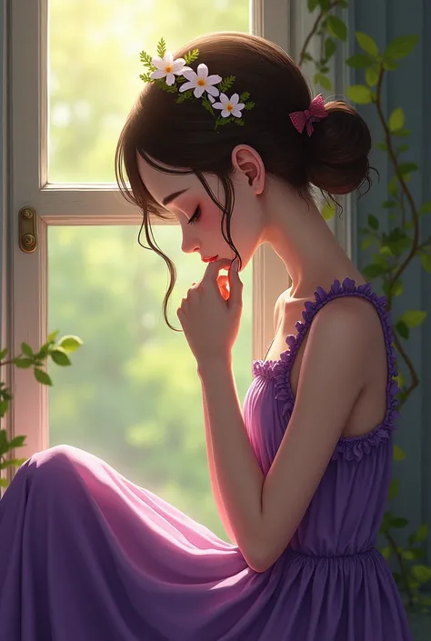 Girl in purple dress with flower hair sitting on her side facing the sun shining hard on her face she sits on her side drawing more skirt looks like she is mature bearing sadness strong sneezing pilqmore semi-realistic type