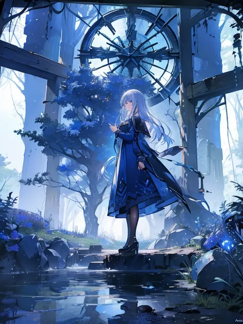   artwork ,  best quality, Marianne_Time Skip,  blue dress , Chapel, Dark alpine forest,  standing, night,  where there are a lot of dirty nets, Tronco,  detailed face  