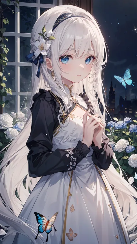  Her long hair cascades down like a silver waterfall ， She is wearing a flowing white wide-sleeved dress 。 Her blue eyes look directly at the audience ，With a hint of curiosity on her face 。 on her hair band Decorated with a delicate flower ， The white pet...