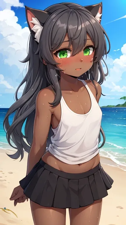  best quality, best resolution,( fluffy hair, anthrophury  :1.3),( Young  :1.6),Cat Girl ,Long hair,( dark gray hair  :1.6),Green eyes, Sparkling Eyes, glowing eyes , Glowing Eyes,(Brown skin :1.6), White Tank Top,Black skirt,Legs in the water ,Sandy beach...