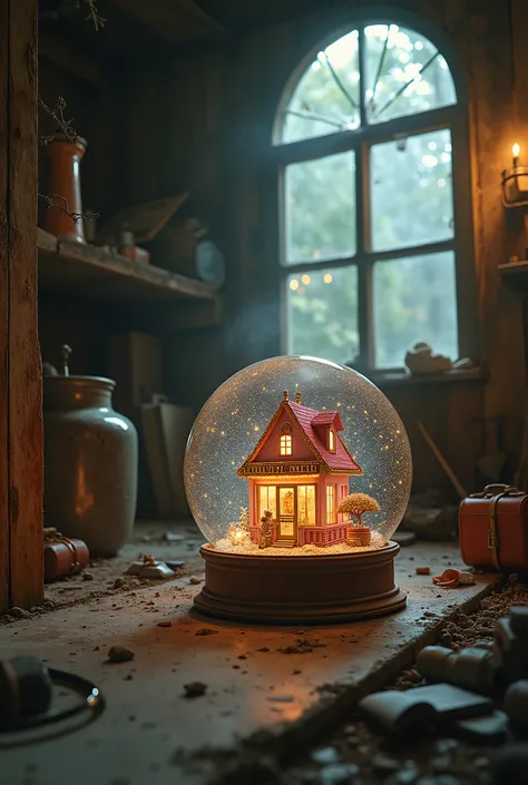 A very old and dirty garage filled with dust, cobwebs, and aged tools scattered around. In the corner, there is a wooden box with various items haphazardly thrown inside, including a very small and dusty snow globe. Inside the snow globe is a miniature, el...