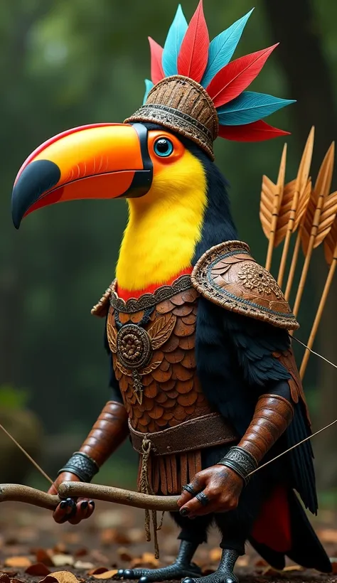 An anthropomorphic toucan ,  wearing wood and leather armor inspired by the indigenous Amazonian culture.  It holds a bow with arrows made of bamboo and colorful feathers ,  with an adorned helmet that highlights its enormous beak .
high resolution,  best ...