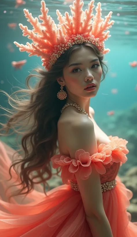 A beautiful coral goddess, elegant and alluring, gazing at the viewer with a flirtatious smile, long flowing hair, detailed intricate coral-like crown, diaphanous coral-colored dress, detailed facial features, porcelain skin, goddess-like pose, magical und...