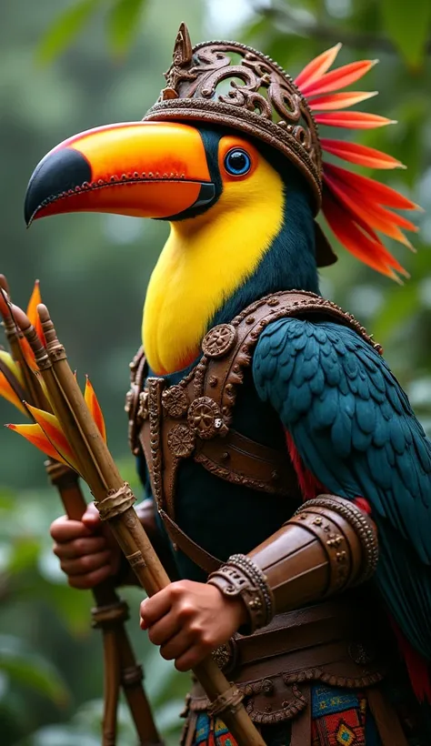 An anthropomorphic toucan ,  wearing wood and leather armor inspired by the indigenous Amazonian culture.  It holds a bow with arrows made of bamboo and colorful feathers ,  with an adorned helmet that highlights its enormous beak .
high resolution,  best ...