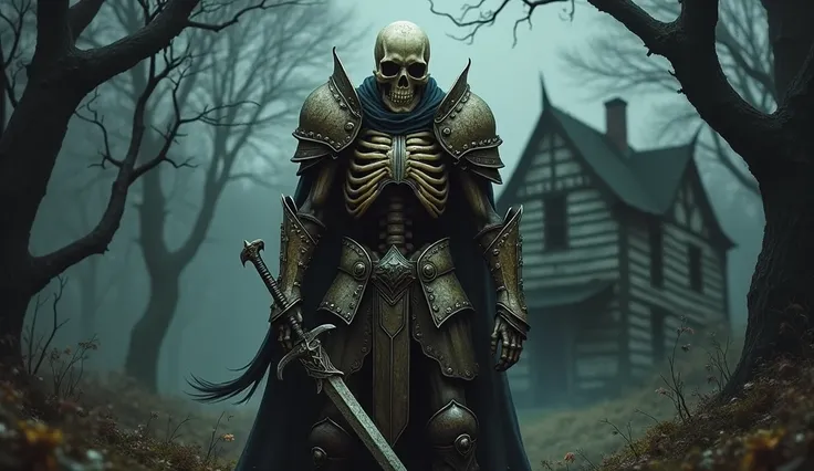 armored skeleton, holding rustic sword, standing on midle a scary fantasy forest at night, a scary old house in the background, facing camera, (realistic picture)