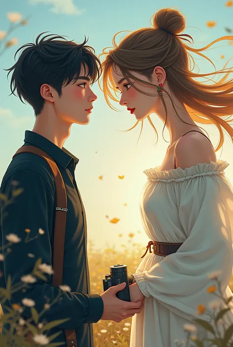 Make anatomy for draw, its from 2 pov. The cameramen and the girl as model but the boy smile while he looks at the camera, amaze of her beauty while the girl hair is blow by the wind make it anime styler or like Genshin fanart style. The boy hold a camera....