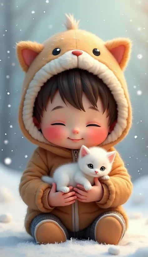 very cute little b~e in cold weather clothes with a kitten hood, he holds a cute kitten in his hands and pets him