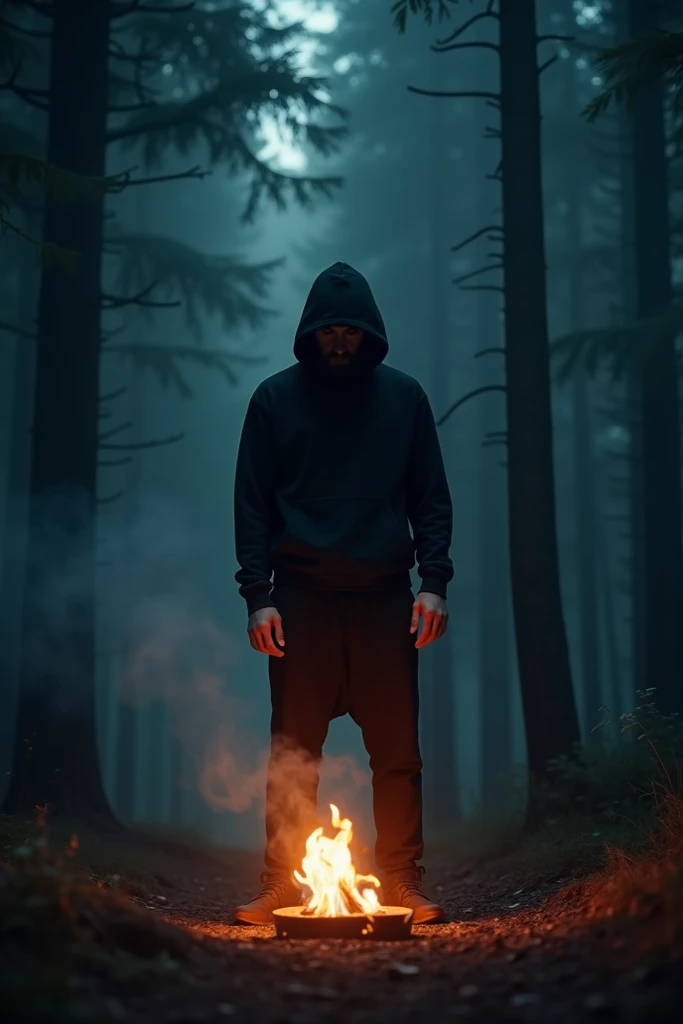 "A clean and cinematic photoshoot of a man wearing a black baggy hoodie and black baggy pants, standing in a dark forest at night. In front of him is a smoldering burn with glowing embers and light smoke rising, casting a soft, warm glow onto his figure. T...