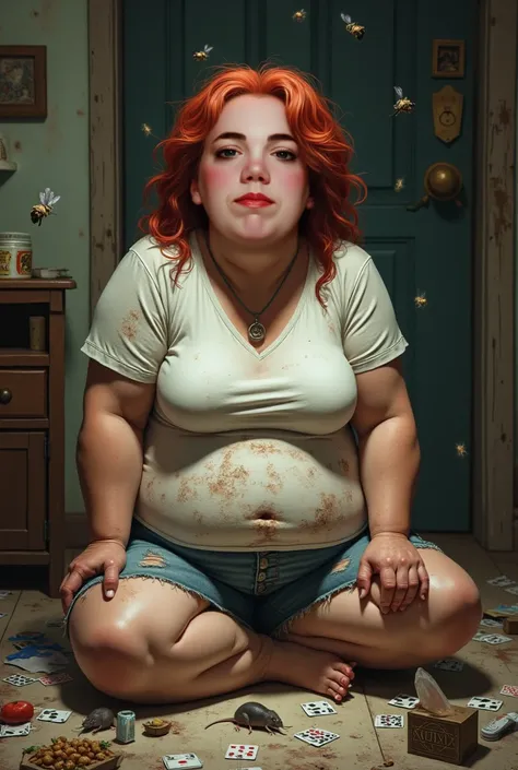 40 year old girl, obesity complexion ,  dirty red hair disheveled wavy dark circles, pig nose,  teeth palettes are very large ,  big saggy breasts , paunchy ,  dirty old and broken white t-shirt ,  pants shorts dirty old denim torn green , Barefoot dirty f...