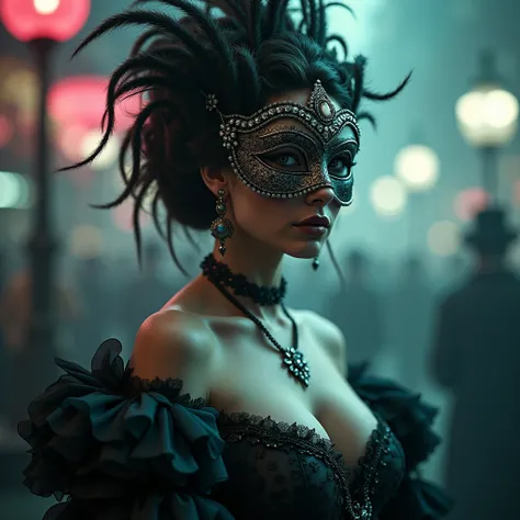 nobless with venetian mask, rococo, big breasts, hyperdetailed, bokeh, carnveal scenery, monochrome masterwork, glimpses of teal and pink, soft but rim light, mysterious