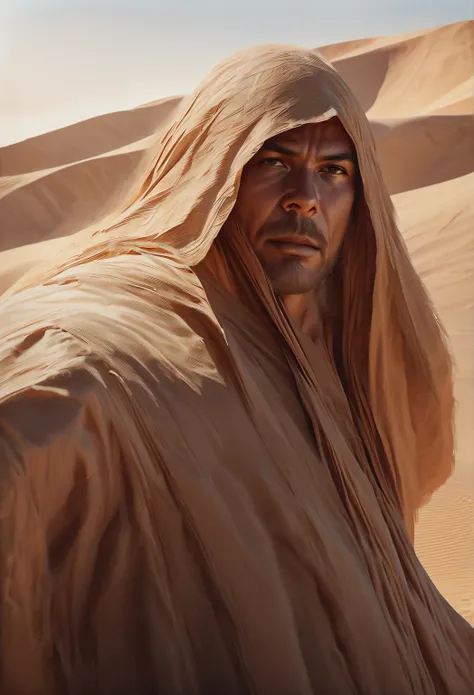 a powerful muscular arab man,a man in a decorated flowing robe,a brown turban,a hand made of white light,walking in the desert,desert sands,(best quality,4k,8k,highres,masterpiece:1.2),ultra-detailed,(realistic,photorealistic,photo-realistic:1.37),dramatic...