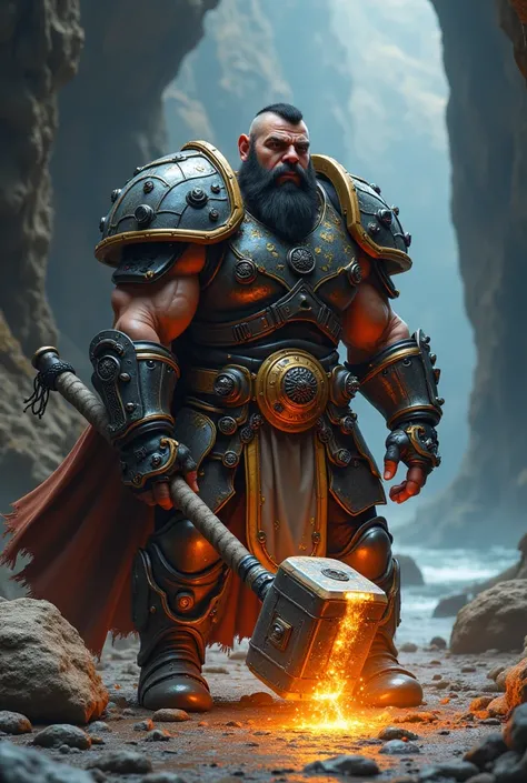 a beautiful, attractive & strong built body dwarven boy, bearded, strong looking, having a bulking short hair style, wearing a high technology bulky haevy armor with lot of thinkers gadgets, holding a big hammer hitting the ground, causing a sparking light...