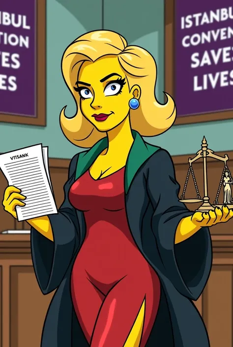 Create a digital illustration in the Simpsons drawing style. The artwork should feature a woman with chin-length, wavy blonde hair, with approximately one fingers width of black roots showing. Her eyes are accentuated with black smoky eye makeup, and she w...