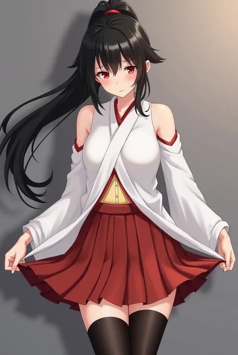 ponytail,long hair,black hair,japanese white clothes,detached white sleeves,red skirt,red hakama,black thighhighs,red eyes,changing clothes,yellow lingerie,embarrassed girl