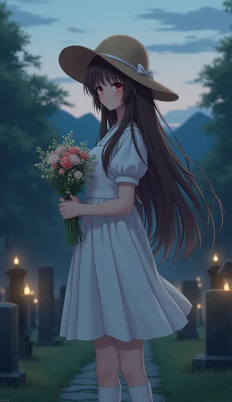 masterpiece,  best quality,  high definition ,  Very detailed,(((Brown haired cute girl))), ((( Japanese anime))), ((( long hair ))), ((( White Dress))), ((( straw hat))), ((( white high socks ))), (((Cemetery))), ((( standing))), ((( No Emotion))), (((Red...