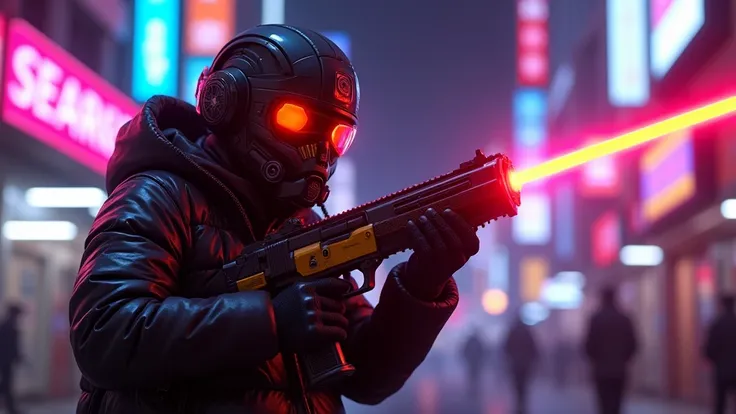 ((( The laser light holds a large laser gun made of yellow, reddish-purple sweet potatoes))), (masterpiece,     full body shot , indispensable raw photography)Cyberpunk Citizens  、  wearing oversized tech wear  ,   uses a black daft punk style helmet ,   n...