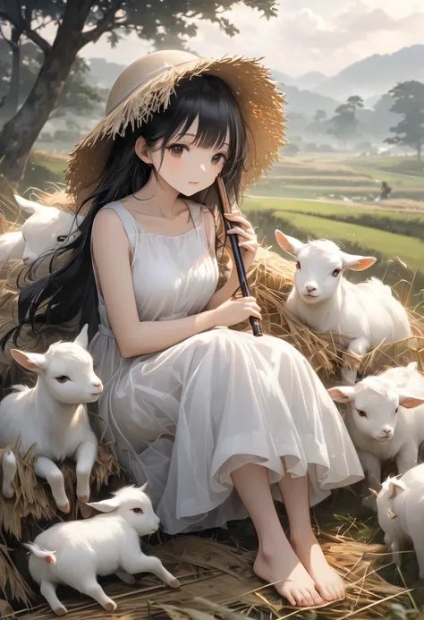 paddy。misty clouds。 in the countryside， with short black messy waves ， barefoot Wearing a simple white sleeveless dress ， leaning effortlessly against a pile of straw ，Gently holding a flute in her hand 。 Her animal companions are several mini white goats，...