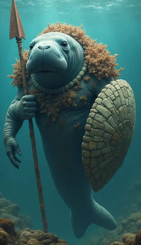  A muscular manatee ,  with coral and algae armor . He holds a large shell-shaped shield and a spear made of submerged stones..  Its appearance is both peaceful and protective , Ultra HD,  super detail , 