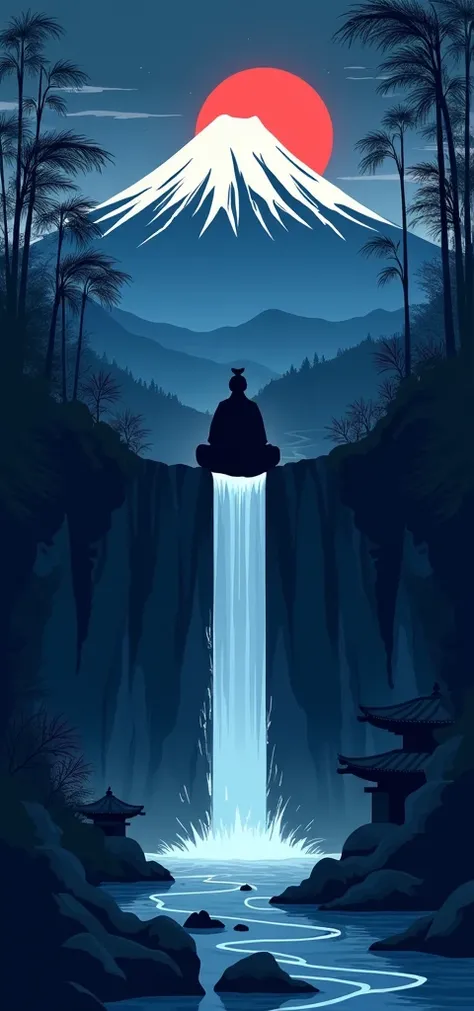 long shot. flat design illustration style. dark theme gradient color. there are three parts. the first part on top, depicts Mount Fuji in Japan, a starless night sky, there are bamboo trees and below it is a river on the left and a samurai wearing hakama a...