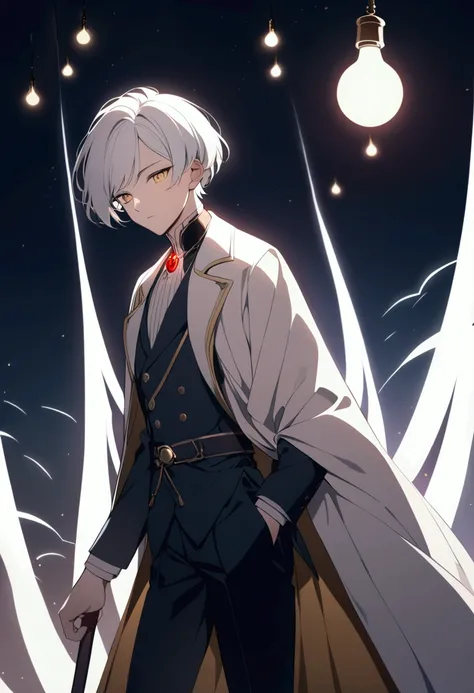 male,White hair, short hair ,light bulb decoration,cane