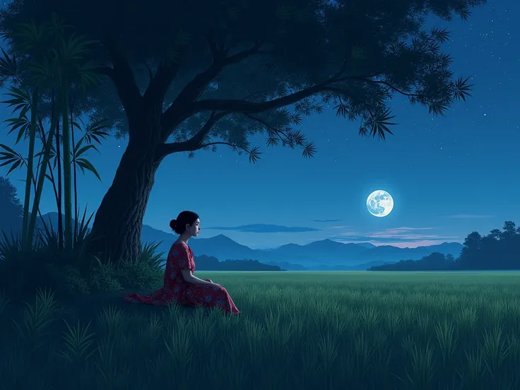 A scene of a vast rice field at night, with the wind blowing through the rice stalks, under a sky full of twinkling stars, bamboo groves and the shadow of the moon floating over the horizon. A young woman in an Isaan sarong sits alone under a large tree, h...