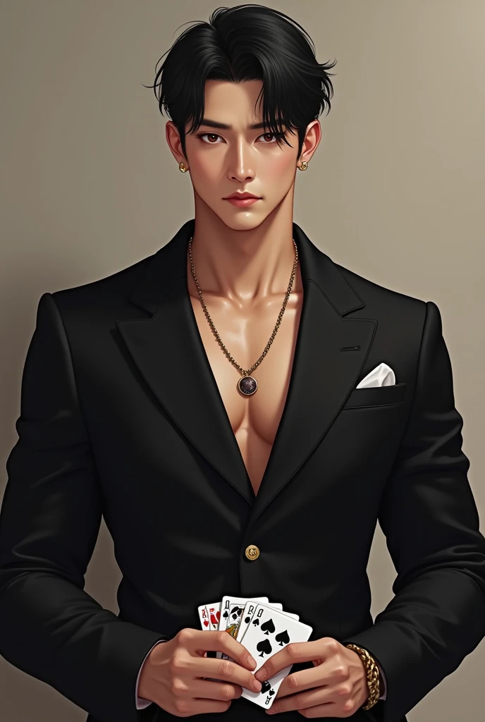 ((The best)), ((masterpiece)), (meticulous), man with asian features, black hair and brown eyes, [high, Athletic figure and beautiful smile，Poker cards in hand，wearing black suit，gold necklace around neck，Serious expression