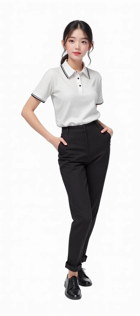 White polo-T-shirt collar neck, short sleeve, black sport trouser, real people, black shoes, Asian teenager, beautiful girl
