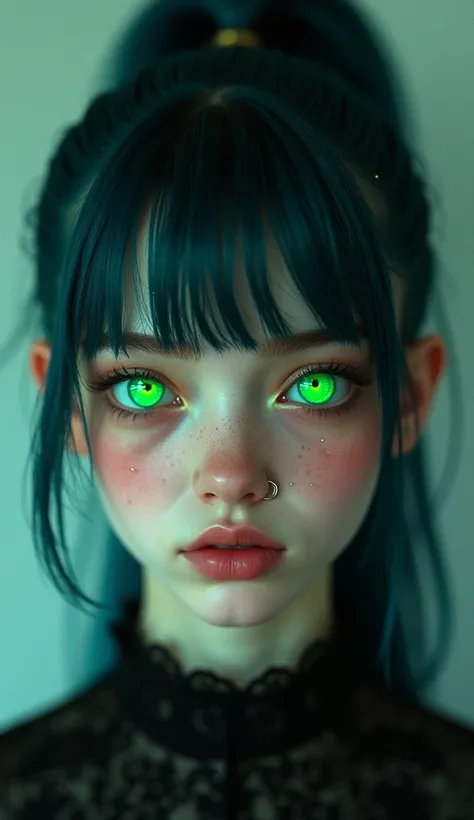  eyes completely bright green , bright green eyes,  eyes without pupil , bright eyes,  eyes glowing in the dark , Eyes looking upwards,  dark blue hair, hairstyle with bangs,  the hair tied behind the ears in a ponytail, hair in a ponytail ,  red cheeks , ...