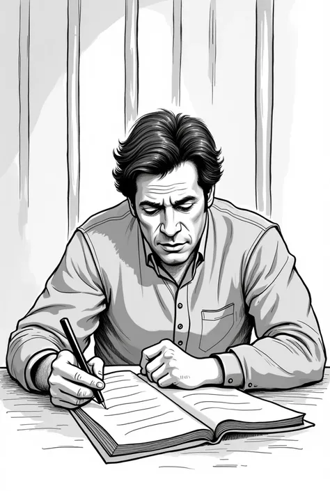 create a simple satire black and white cartoon showing imran khan writing a final call on page  and he should be writing final call and then there were other final call pages add that he is sitting inside the jail, and spread paper with final calls and wri...